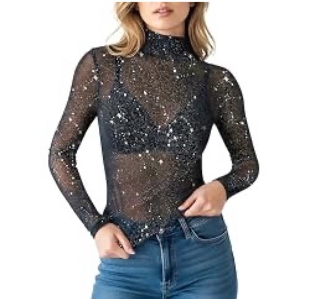 MANGOPOP Glitter Sheer Mesh Long Sleeve Bodysuit Medium NWT Y2K Grunge Gothcore